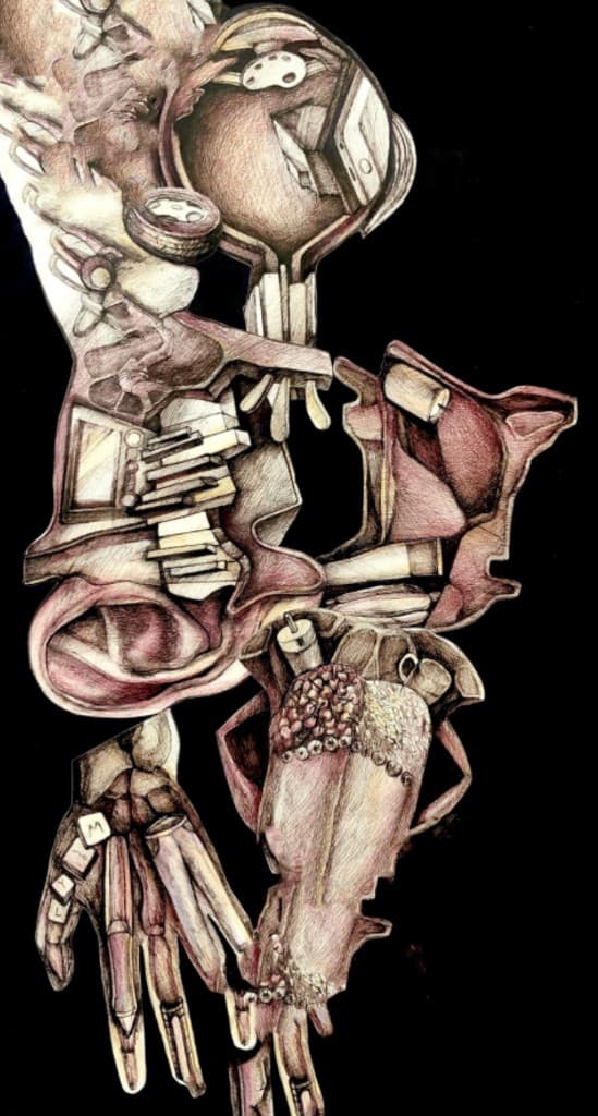 An anatomical mixed-media figure