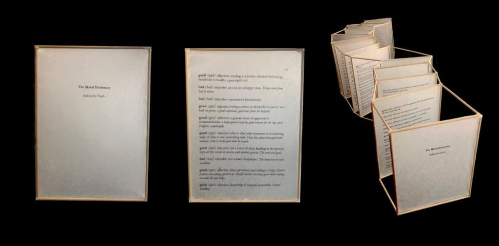 An accordion-fold artist book titled The Moral Dictionary