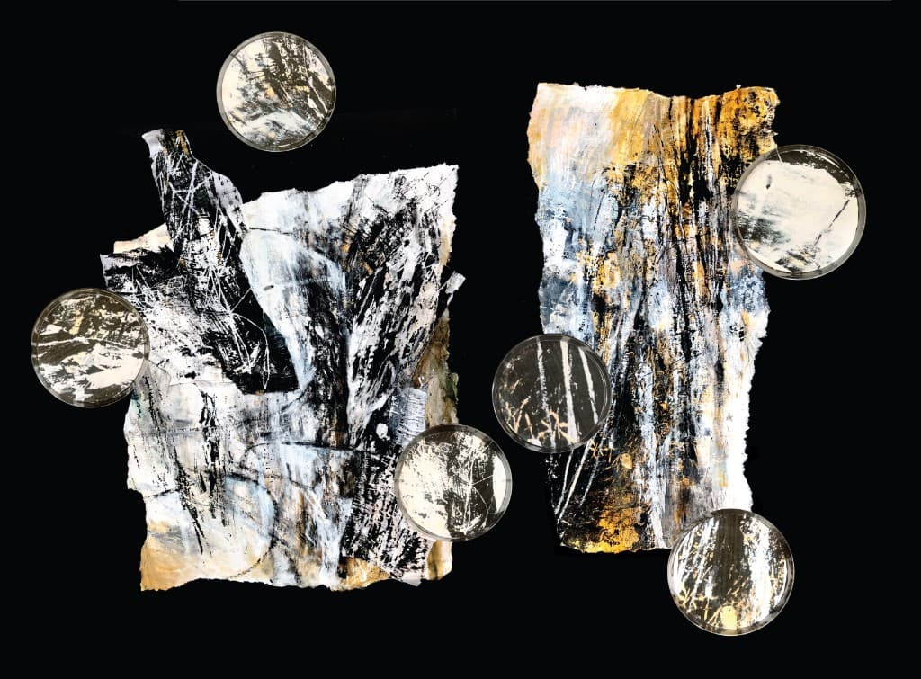 Black, white, and gold mixed-media compositions with circular details