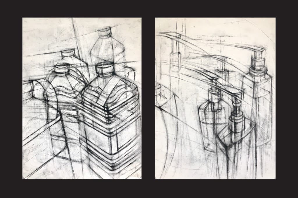 Two charcoal drawings of clustered bottles