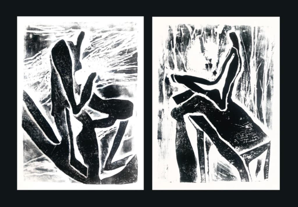 Two black-and-white abstract figure prints