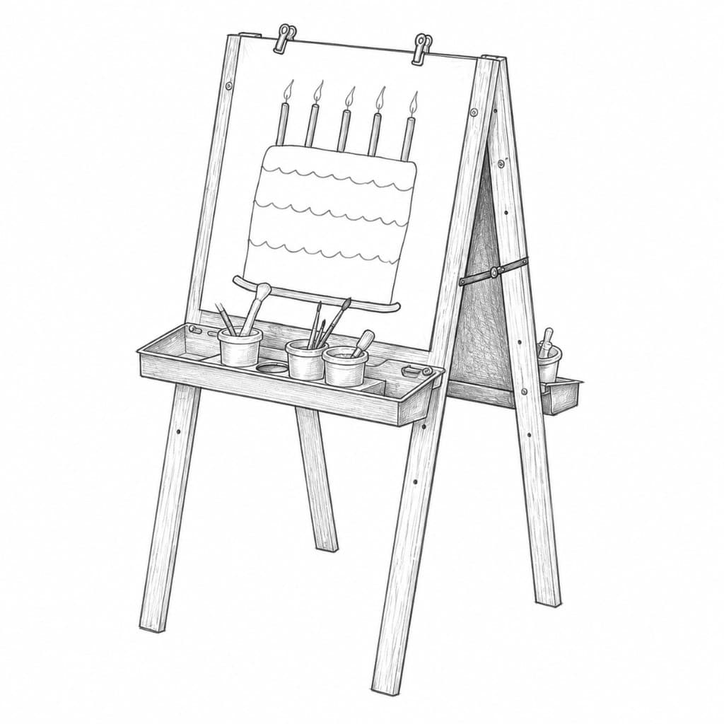 An easel displaying a drawing of a birthday cake