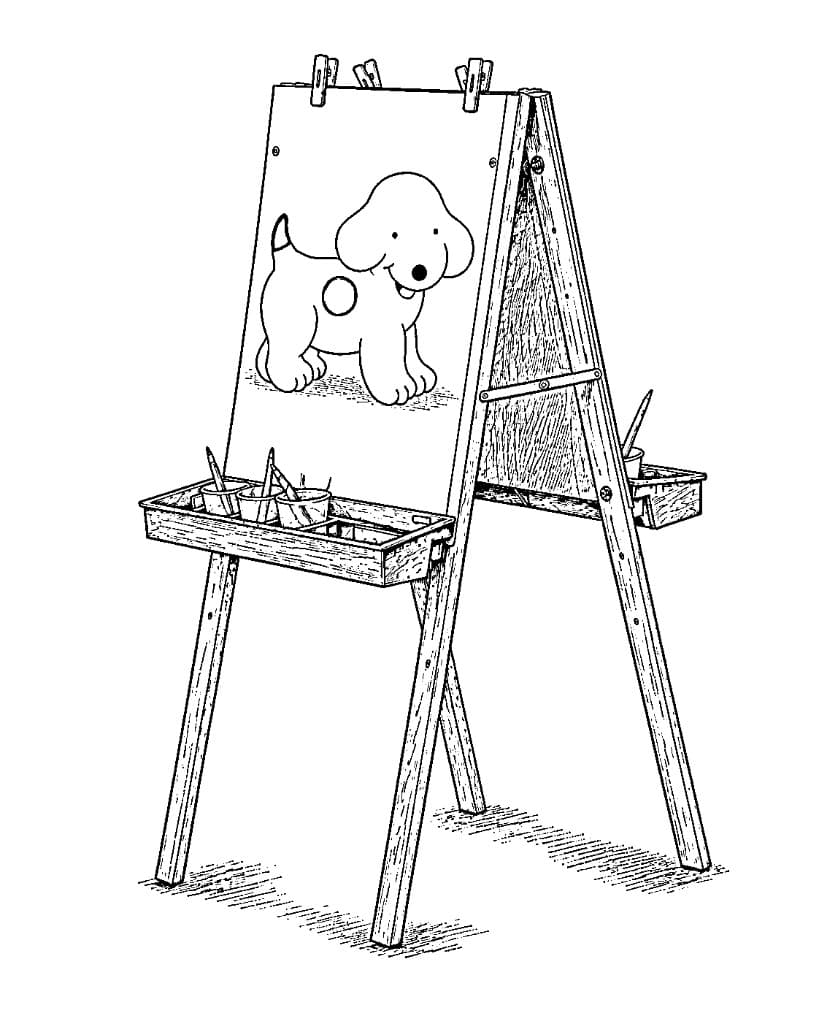 An easel displaying a drawing of a dog